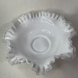 Vintage Fenton Silver Crest White Milk Glass Large Ruffled Bowl Dish 11.5”